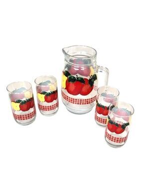 Vintage apple glass pitcher set, KIG Malaysia pitcher and glasses, farmhouse kit